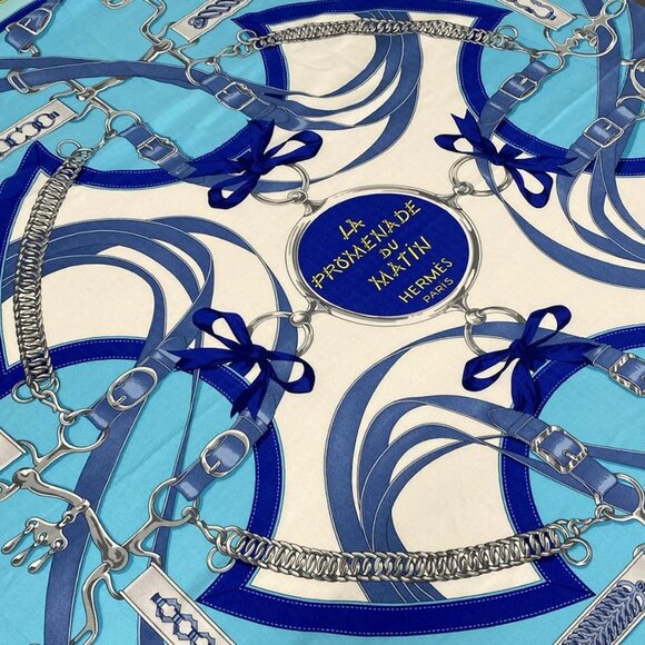 Auth HERMES Carre 140 - Light Blue Blue Multi Cashmere Silk Scarf - Picture 5 of 5